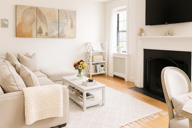 68 E Hartsdale Ave Unit 5E, Hartsdale, NY 10530 - living area with wood finished floors, a fireplace with flush hearth, radiator, and baseboards