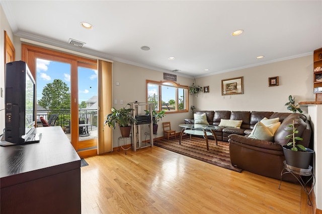 154-16 13th Ave, Whitestone, NY 11357 - living room featuring light wood-style floors, recessed lighting, crown molding, and baseboards