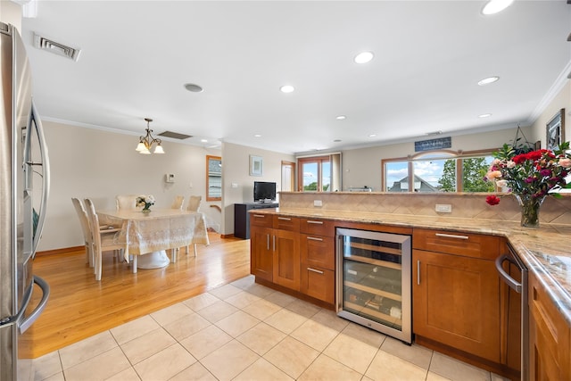 154-16 13th Ave, Whitestone, NY 11357 - kitchen featuring wine cooler, stainless steel refrigerator with ice dispenser, light tile patterned floors, ornamental molding, and decorative backsplash
