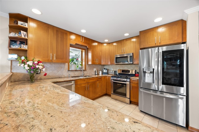 154-16 13th Ave, Whitestone, NY 11357 - kitchen with stainless steel appliances, a sink, light stone countertops, open shelves, and light tile patterned floors