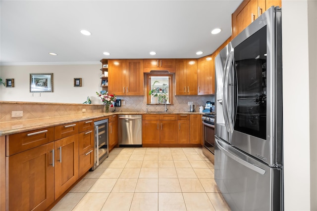 154-16 13th Ave, Whitestone, NY 11357 - kitchen with appliances with stainless steel finishes, beverage cooler, ornamental molding, brown cabinets, and tasteful backsplash