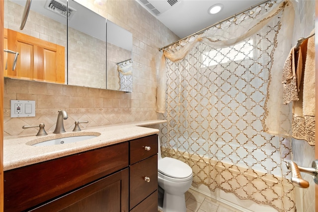 154-16 13th Ave, Whitestone, NY 11357 - bathroom with vanity, tile walls, shower / bath combination with curtain, toilet, and tile patterned floors