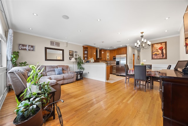 154-16 13th Ave, Whitestone, NY 11357 - living room featuring a chandelier, crown molding, recessed lighting, and light wood-type flooring