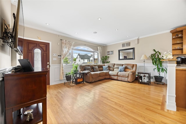 154-16 13th Ave, Whitestone, NY 11357 - living area with light wood-style floors, wainscoting, crown molding, and recessed lighting
