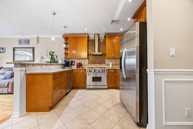 154-16 13th Ave, Whitestone, NY 11357 - kitchen featuring stainless steel appliances, wall chimney exhaust hood, a peninsula, brown cabinetry, and crown molding