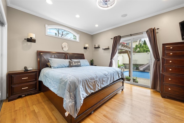 154-16 13th Ave, Whitestone, NY 11357 - bedroom with multiple windows, access to exterior, light wood-style flooring, ornamental molding, and recessed lighting