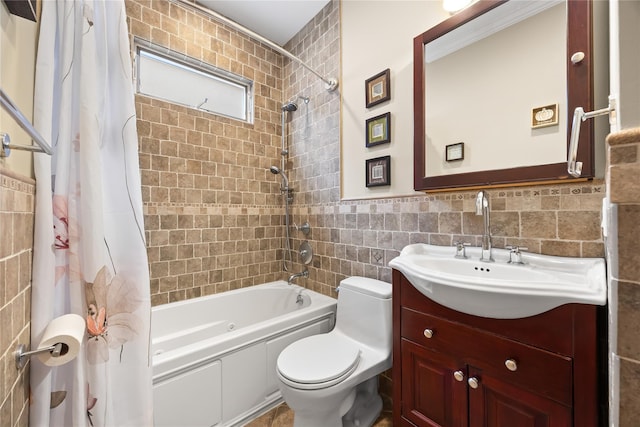 154-16 13th Ave, Whitestone, NY 11357 - bathroom with tile walls, shower / bath combo, toilet, vanity, and a wainscoted wall