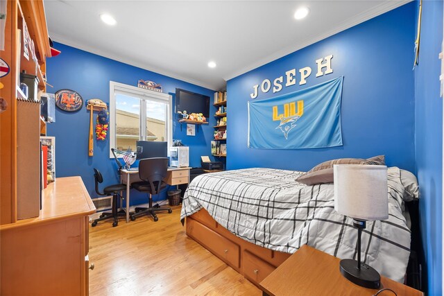 154-16 13th Ave, Whitestone, NY 11357 - bedroom featuring crown molding, light wood-style floors, recessed lighting, and an office area