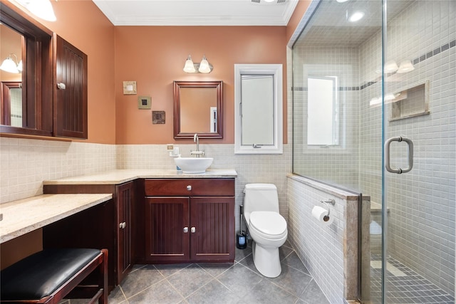154-16 13th Ave, Whitestone, NY 11357 - bathroom with tile walls, vanity, toilet, tile patterned floors, and a stall shower