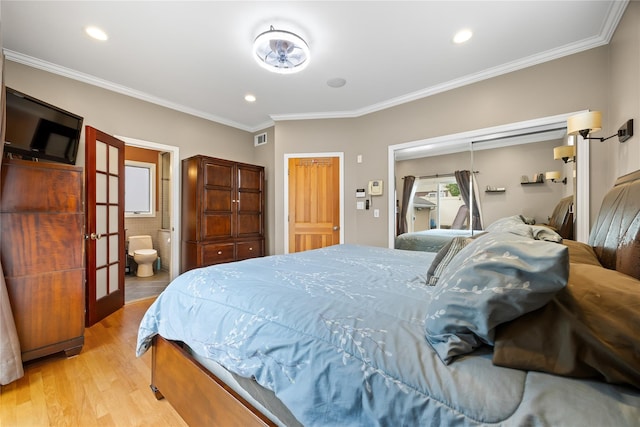 154-16 13th Ave, Whitestone, NY 11357 - bedroom featuring multiple windows, light wood-style floors, crown molding, french doors, and recessed lighting