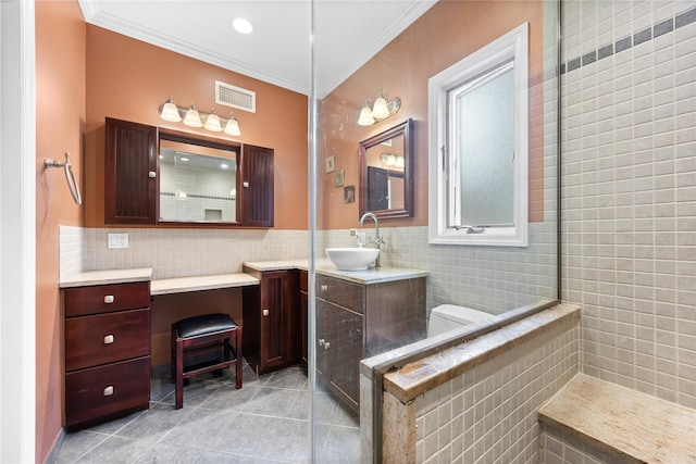 154-16 13th Ave, Whitestone, NY 11357 - full bath featuring tile patterned flooring, tile walls, vanity, crown molding, and toilet