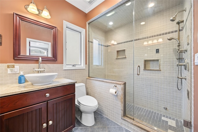 154-16 13th Ave, Whitestone, NY 11357 - full bathroom featuring tile patterned flooring, vanity, a shower stall, toilet, and ornamental molding