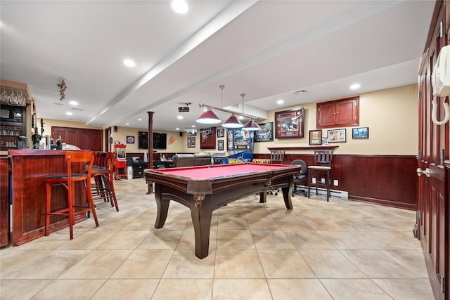 154-16 13th Ave, Whitestone, NY 11357 - game room with a bar, billiards, wainscoting, recessed lighting, and baseboard heating