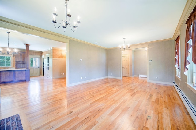 231 Turtle Bay Rd, New Hampton, NY 10958 - unfurnished living room with a chandelier, baseboard heating, crown molding, light wood finished floors, and baseboards