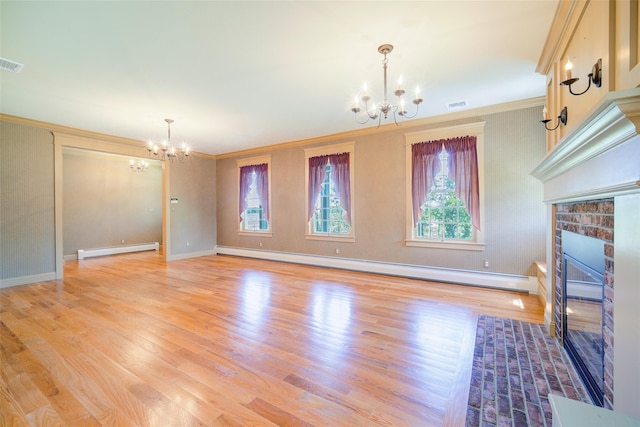 231 Turtle Bay Rd, New Hampton, NY 10958 - unfurnished living room with a chandelier, baseboard heating, a baseboard heating unit, crown molding, and a fireplace