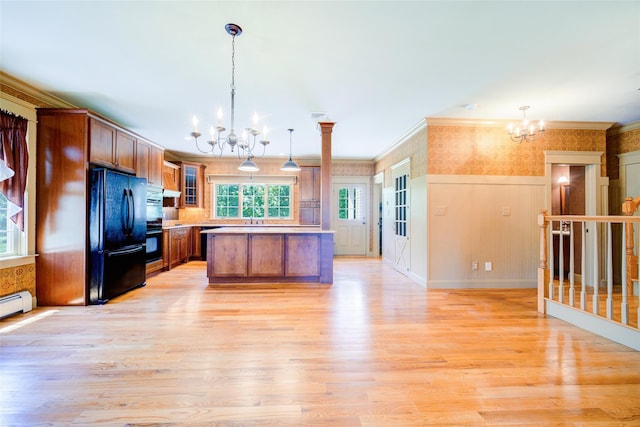 231 Turtle Bay Rd, New Hampton, NY 10958 - kitchen featuring a chandelier, freestanding refrigerator, wallpapered walls, light wood-style floors, and wainscoting