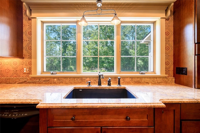 231 Turtle Bay Rd, New Hampton, NY 10958 - kitchen featuring a sink, wallpapered walls, black dishwasher, plenty of natural light, and light stone counters
