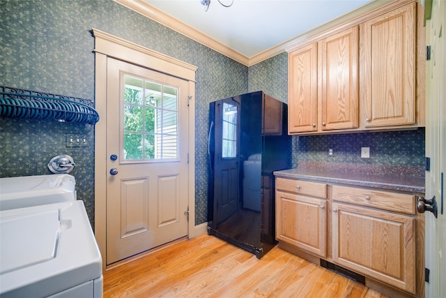 231 Turtle Bay Rd, New Hampton, NY 10958 - laundry room with wallpapered walls, cabinet space, light wood finished floors, separate washer and dryer, and ornamental molding