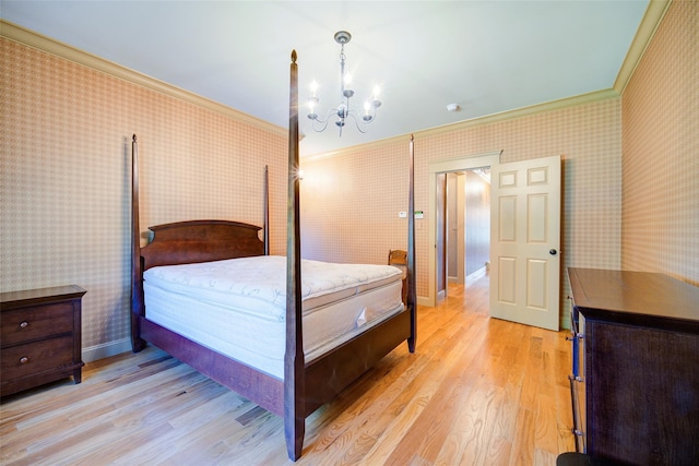 231 Turtle Bay Rd, New Hampton, NY 10958 - bedroom featuring crown molding, a chandelier, wallpapered walls, light wood-type flooring, and baseboards