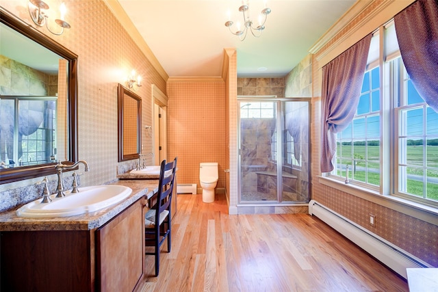 231 Turtle Bay Rd, New Hampton, NY 10958 - full bath featuring a baseboard heating unit, toilet, wood finished floors, wallpapered walls, and vanity