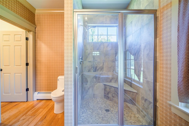 231 Turtle Bay Rd, New Hampton, NY 10958 - full bathroom with baseboard heating, toilet, wood finished floors, a shower stall, and wallpapered walls