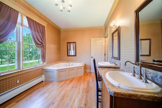 231 Turtle Bay Rd, New Hampton, NY 10958 - full bathroom featuring a baseboard radiator, wallpapered walls, ornamental molding, double vanity, and wood finished floors