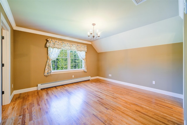 231 Turtle Bay Rd, New Hampton, NY 10958 - spare room with a baseboard radiator, a chandelier, wood finished floors, baseboards, and crown molding