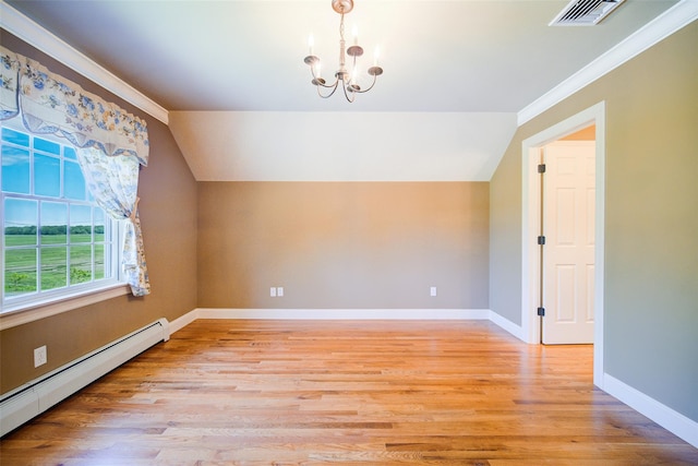231 Turtle Bay Rd, New Hampton, NY 10958 - unfurnished dining area featuring baseboard heating, a chandelier, baseboards, vaulted ceiling, and light wood-type flooring