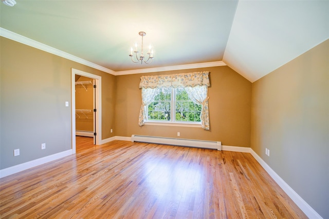 231 Turtle Bay Rd, New Hampton, NY 10958 - spare room with baseboard heating, a chandelier, light wood-style floors, baseboards, and crown molding
