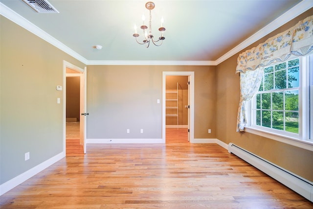 231 Turtle Bay Rd, New Hampton, NY 10958 - unfurnished room featuring baseboard heating, a chandelier, crown molding, light wood-type flooring, and baseboards
