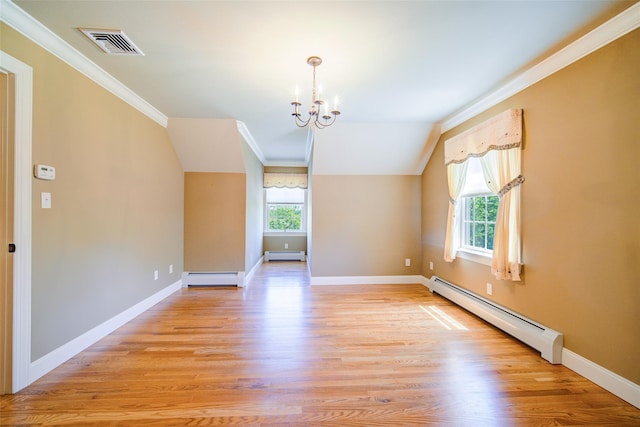 231 Turtle Bay Rd, New Hampton, NY 10958 - additional living space with a baseboard heating unit, a chandelier, a baseboard radiator, light wood finished floors, and vaulted ceiling