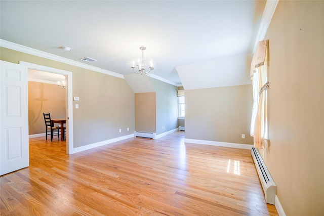 231 Turtle Bay Rd, New Hampton, NY 10958 - unfurnished living room with a baseboard heating unit, a chandelier, light wood-style flooring, ornamental molding, and baseboards