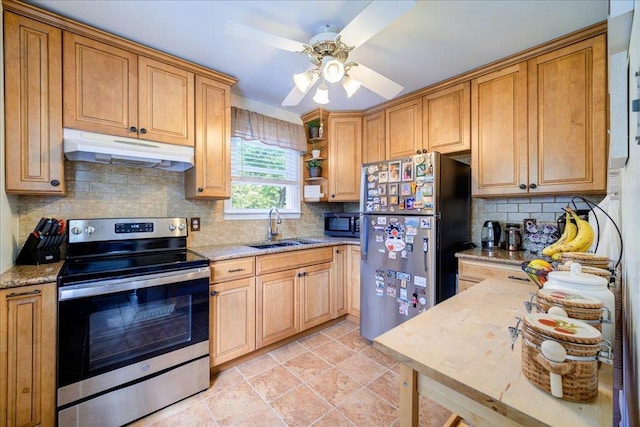 26 Booth Blvd, Wappingers Falls, NY 12590 - kitchen with stainless steel appliances, under cabinet range hood, a sink, open shelves, and tasteful backsplash