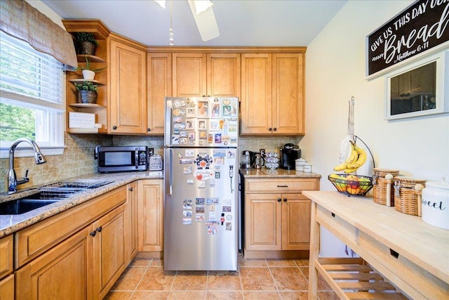 26 Booth Blvd, Wappingers Falls, NY 12590 - kitchen featuring appliances with stainless steel finishes, a sink, decorative backsplash, open shelves, and light stone countertops