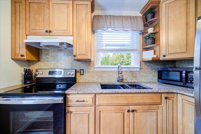 26 Booth Blvd, Wappingers Falls, NY 12590 - kitchen featuring appliances with stainless steel finishes, under cabinet range hood, a sink, open shelves, and backsplash