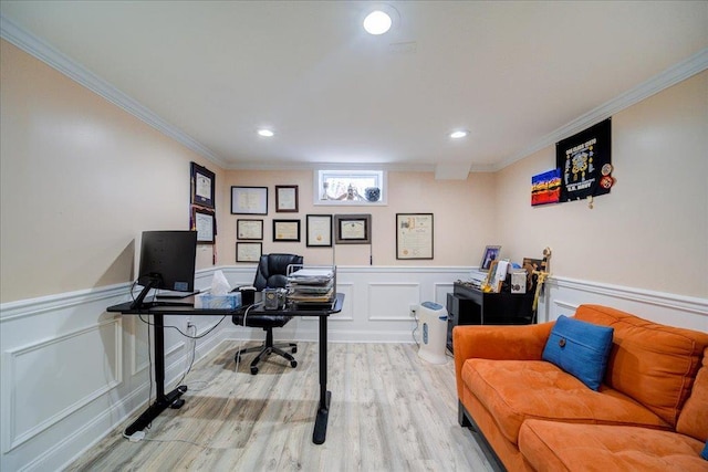 26 Booth Blvd, Wappingers Falls, NY 12590 - office space with light wood-type flooring, crown molding, a decorative wall, wainscoting, and recessed lighting