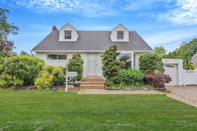 3061 Xavier Ct, Oceanside, NY 11572 - cape cod house featuring a chimney, a front yard, a garage, and a shingled roof
