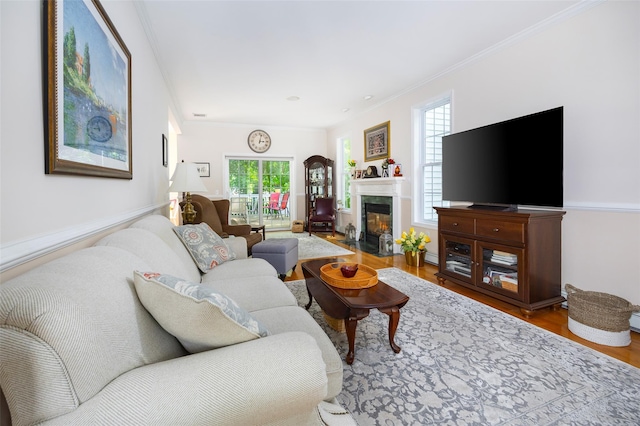 3 Cambridge Ct, Wappingers Falls, NY 12590 - living area with wood finished floors, crown molding, and a fireplace with flush hearth
