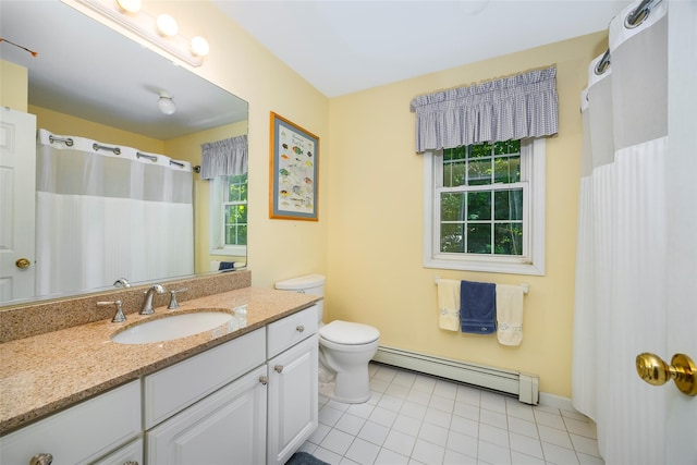 3 Cambridge Ct, Wappingers Falls, NY 12590 - full bathroom with a baseboard heating unit, vanity, tile patterned flooring, toilet, and curtained shower