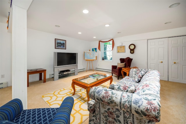 3 Cambridge Ct, Wappingers Falls, NY 12590 - carpeted living room featuring a baseboard radiator and recessed lighting