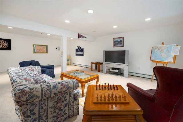 3 Cambridge Ct, Wappingers Falls, NY 12590 - carpeted living area featuring a baseboard radiator, a baseboard heating unit, and recessed lighting