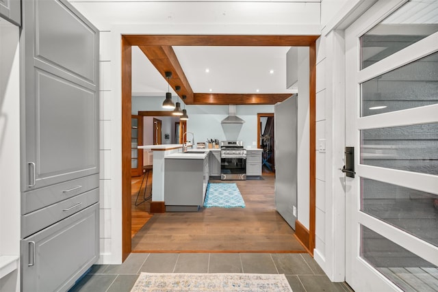 858 N Branch Hortonville Rd, North Branch, NY 12745 - kitchen with stainless steel appliances, a sink, tile patterned floors, gray cabinetry, and light countertops