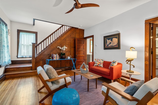 858 N Branch Hortonville Rd, North Branch, NY 12745 - living room featuring stairway, a ceiling fan, and hardwood / wood-style floors
