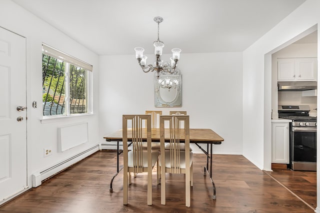 3665 Varian Ave, Bronx, NY 10466 - dining area with a chandelier, a baseboard radiator, and dark wood finished floors