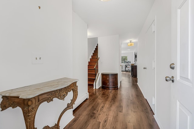 3665 Varian Ave, Bronx, NY 10466 - hallway with stairway, dark wood-type flooring, and baseboards