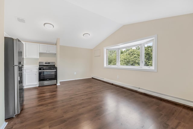 3665 Varian Ave, Bronx, NY 10466 - unfurnished living room with dark wood finished floors, lofted ceiling, a baseboard heating unit, and baseboards