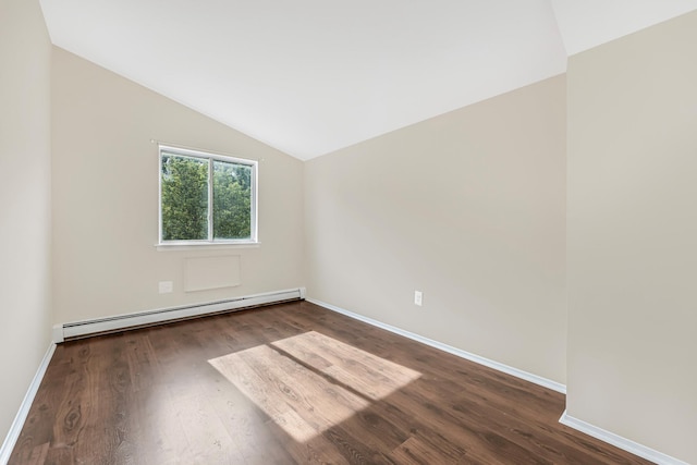 3665 Varian Ave, Bronx, NY 10466 - unfurnished room featuring baseboard heating, vaulted ceiling, dark wood-style floors, and baseboards
