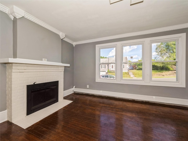 34 Woodland Ave, Poughkeepsie, NY 12603 - unfurnished living room with a fireplace, wood-type flooring, plenty of natural light, ornamental molding, and baseboards