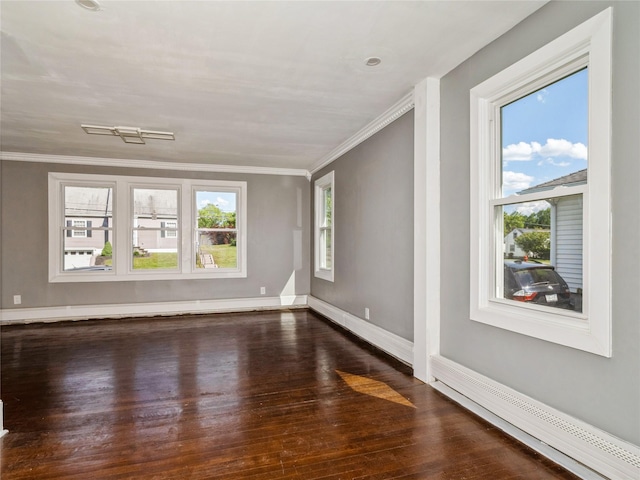 34 Woodland Ave, Poughkeepsie, NY 12603 - unfurnished room with dark wood-type flooring, a baseboard radiator, crown molding, and baseboards