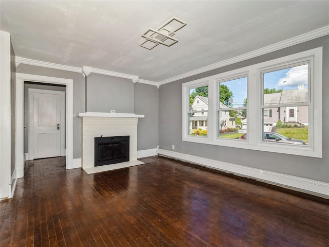 34 Woodland Ave, Poughkeepsie, NY 12603 - unfurnished living room featuring a baseboard radiator, a fireplace, dark wood-type flooring, baseboards, and ornamental molding